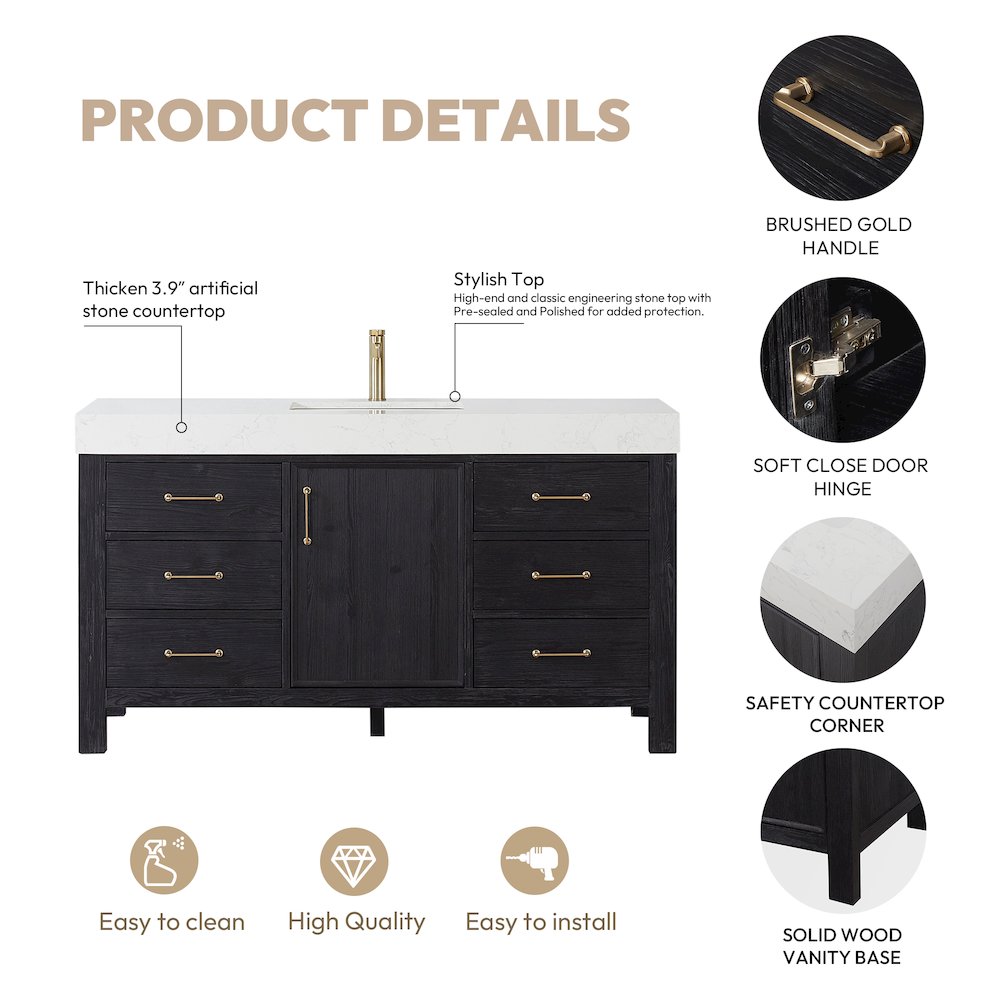 León 60in. Free-standing Single Bathroom Vanity in Fir Wood Black. Picture 16