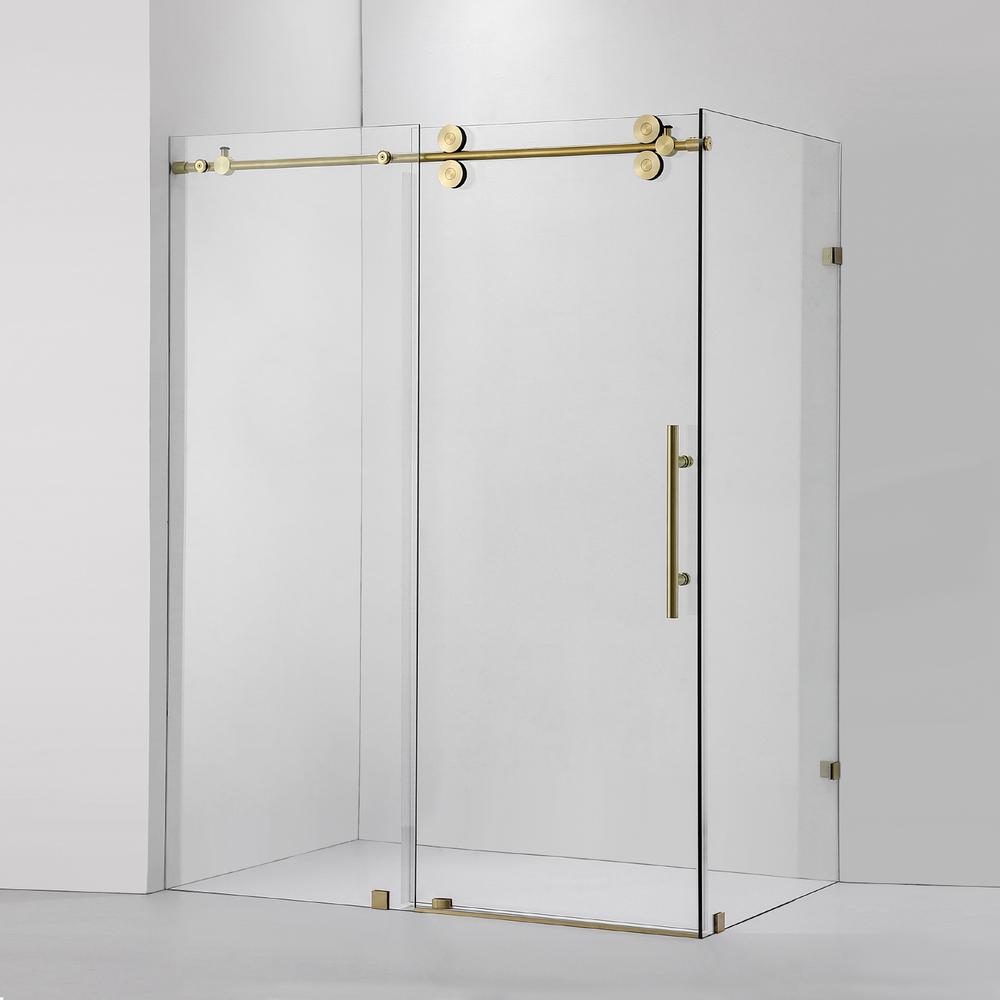 Rectangle Single Sliding Frameless Shower Enclosure in Brushed Gold. Picture 1
