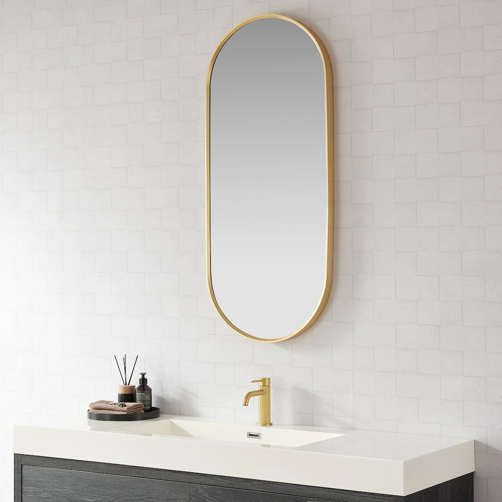 Oval Aluminum Framed Wall Mount Bathroom Vanity Mirror in Brushed Gold. Picture 3