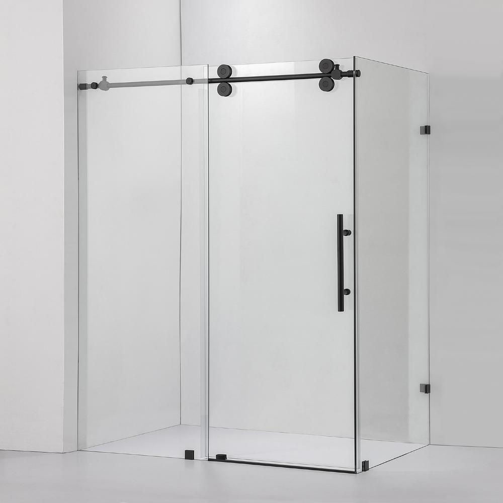 Rectangle Single Sliding Frameless Shower Enclosure in Matte Black. Picture 1