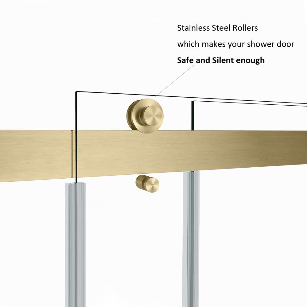 Spezia 56" W x 76" H Double Sliding Frameless Shower Door in Brushed Gold. Picture 8