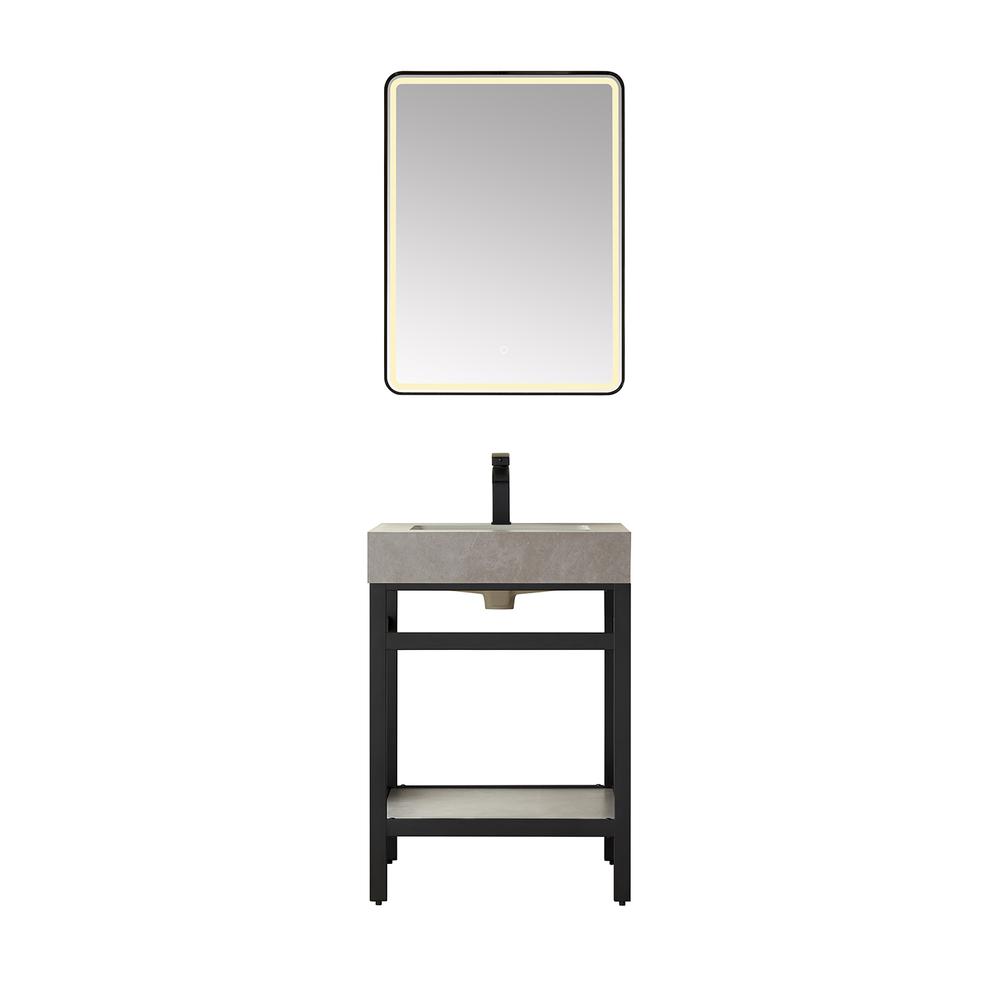Single Sink Bath Vanity Metal Support with Grey Sintered Stone Top and Mirror. Picture 1
