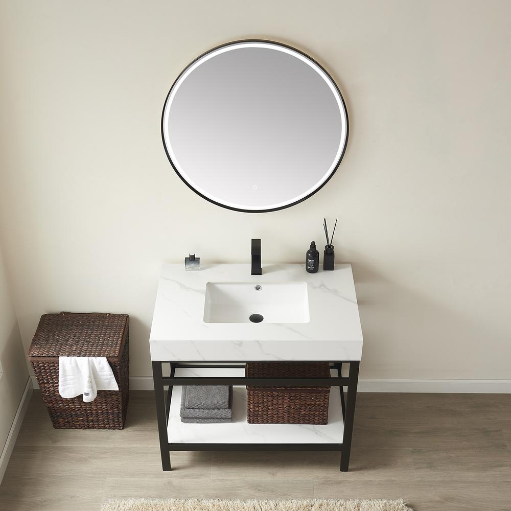 Single Sink Bath Vanity Metal Support with White Sintered Stone Top and Mirror. Picture 5