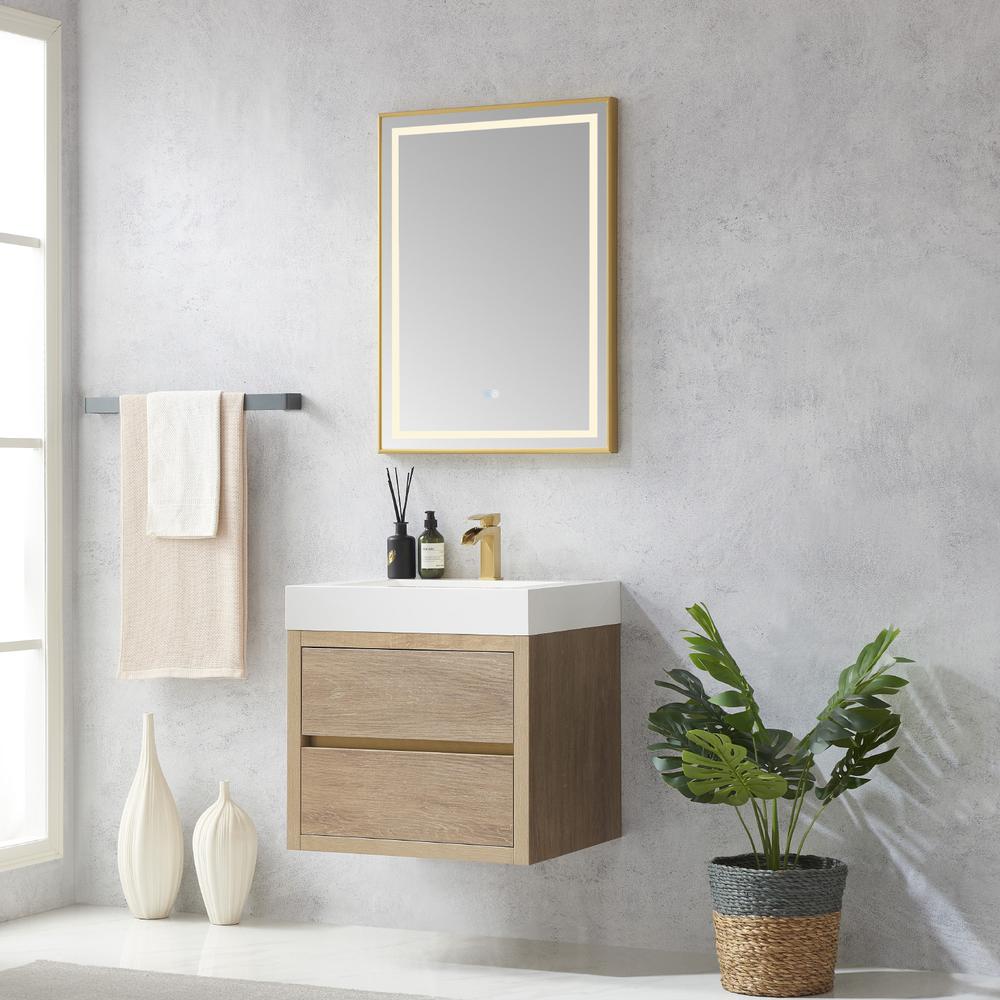 Single Sink Wall-Mount Bath Vanity Composite Integral Square Sink Top, Mirror. Picture 4