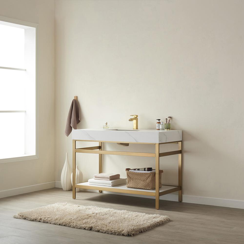 Single Sink Bath Vanity Metal Support with White Sintered Stone Top. Picture 6