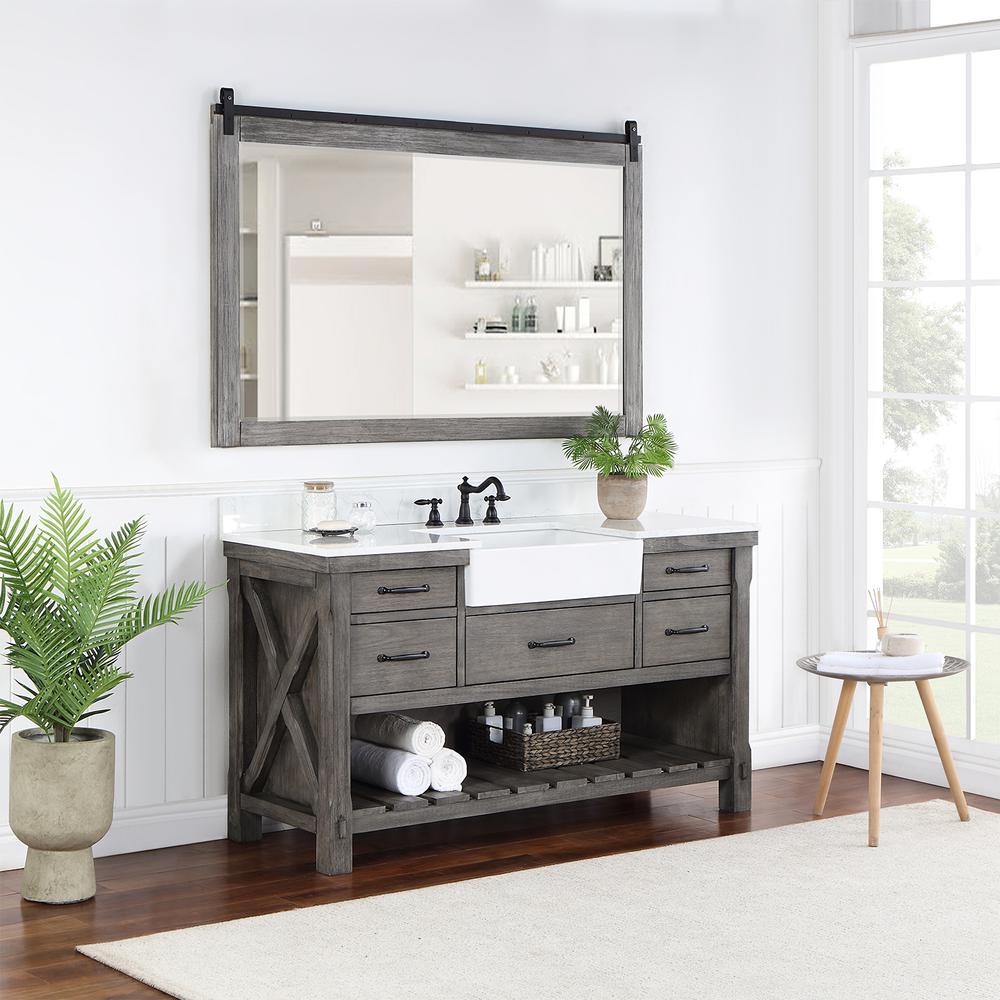 Single Bath Vanity with Composite Stone Top, White Farmhouse Basin and Mirror. Picture 5