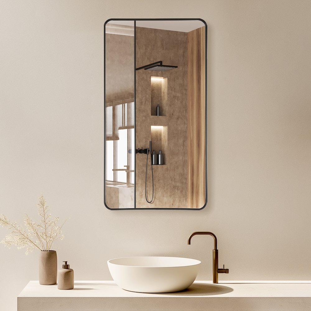 Rectangle Aluminum Framed Wall Mount Bathroom Vanity Mirror in Brushed Black. Picture 5
