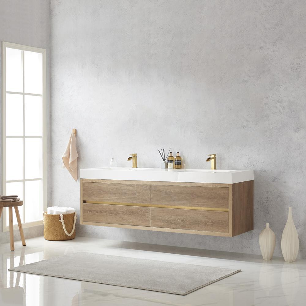 Double Sink Wall-Mount Bath Vanity with Composite Integral Square Sink Top. Picture 4