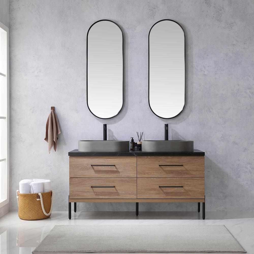 Double Sink Bath Vanity with Sintered Stone Top with Concrete Sink and Mirror. Picture 4