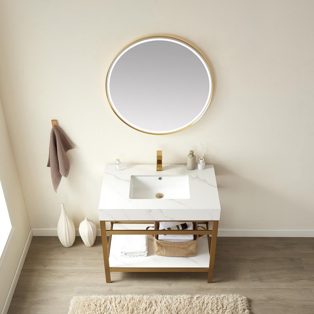 Single Sink Bath Vanity Metal Support with White Sintered Stone Top and Mirror. Picture 5