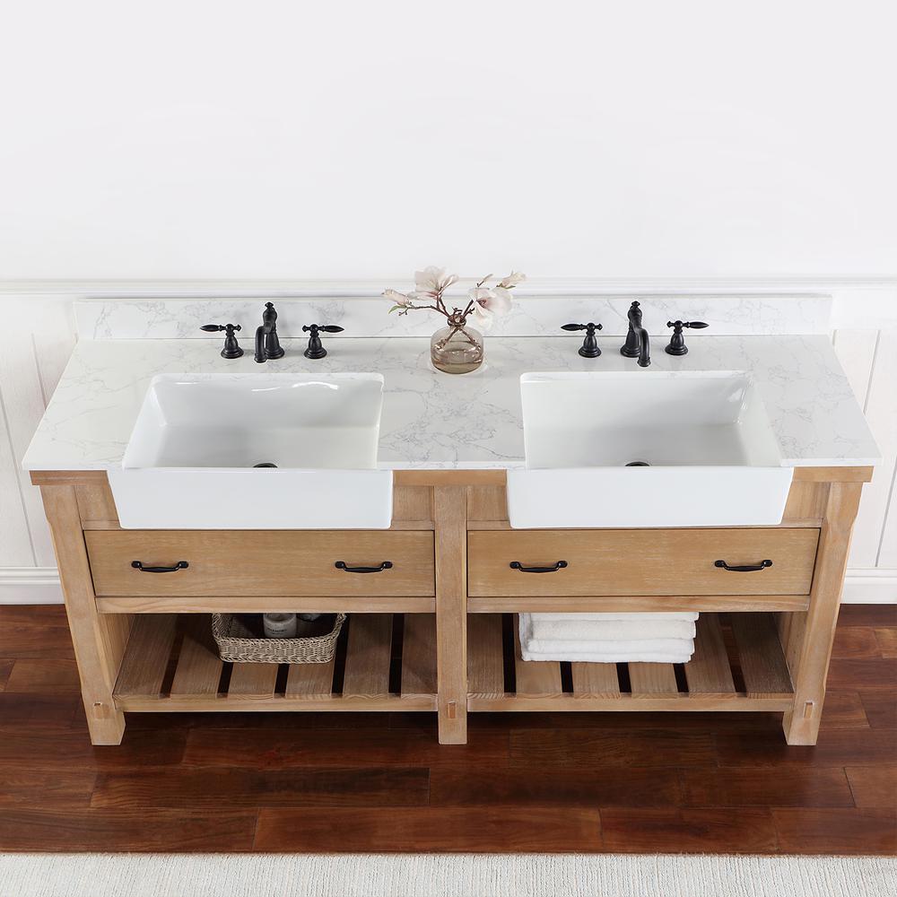 Double Bath Vanity with Composite Stone Top, White Farmhouse Basin. Picture 7