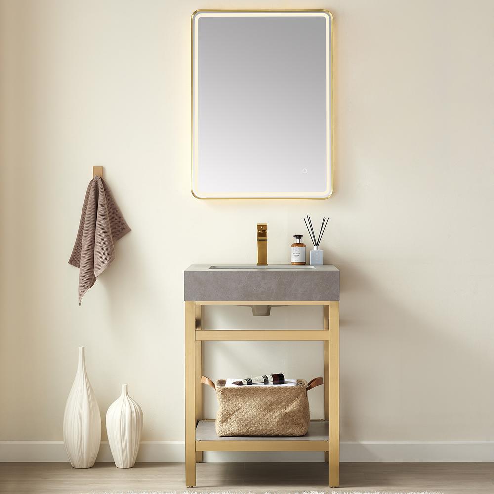 Single Sink Bath Vanity Metal Support with Grey Sintered Stone Top and Mirror. Picture 3
