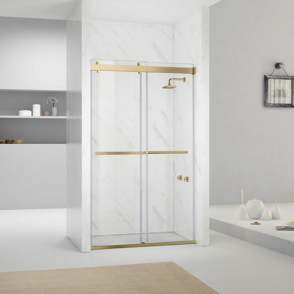 Spezia 48" W x 76" H Double Sliding Frameless Shower Door in Brushed Gold. Picture 11