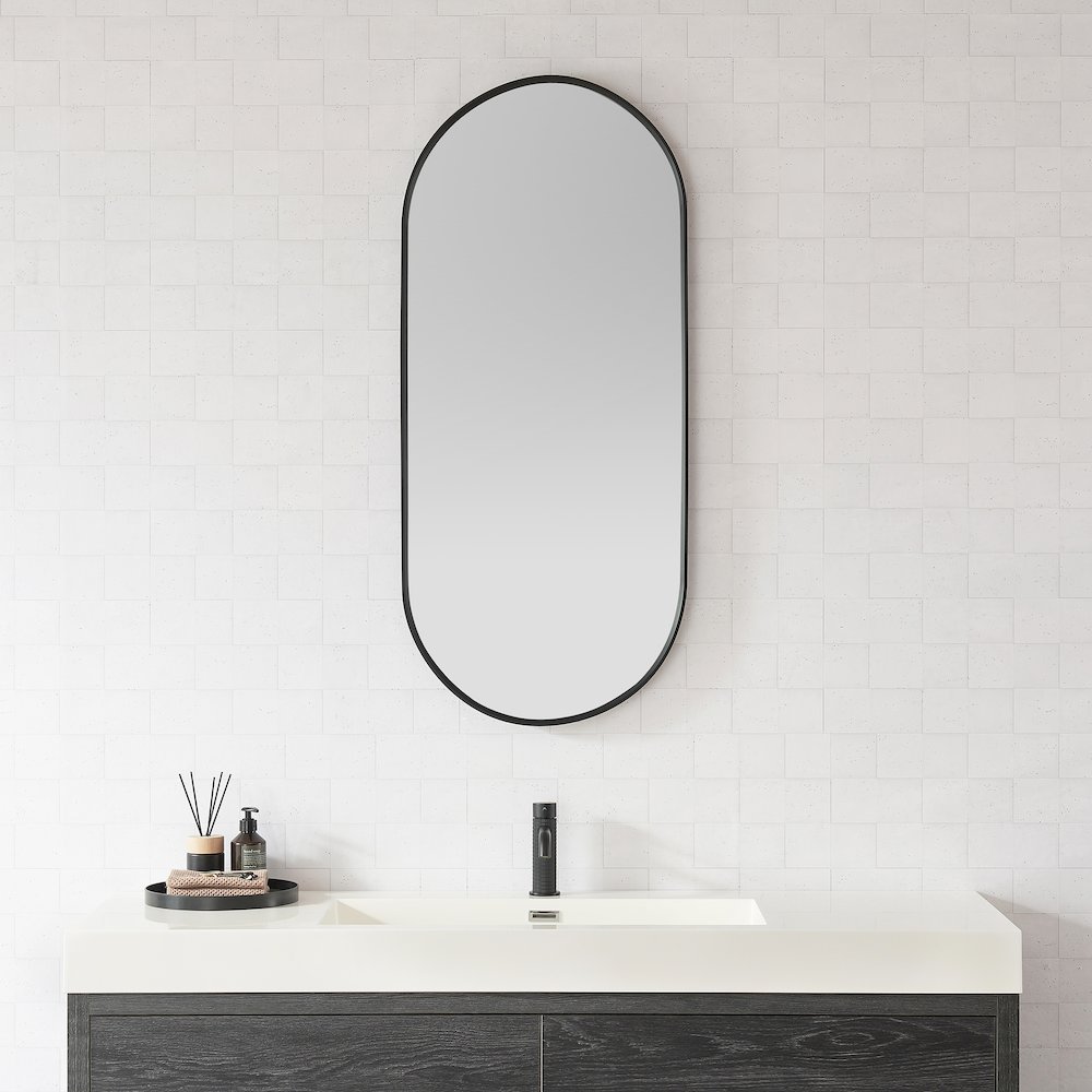 Oval Aluminum Framed Wall Mount Bathroom Vanity Mirror in Brushed Black. Picture 2