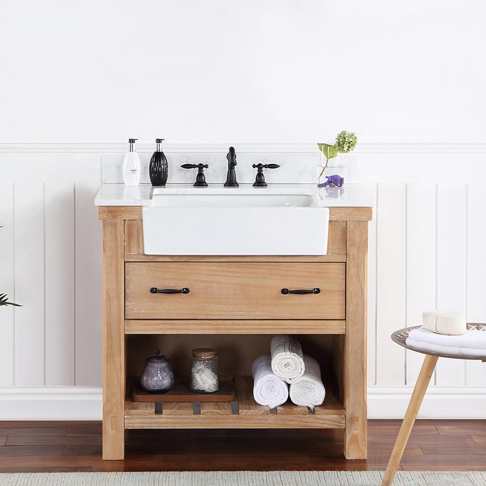 Single Bath Vanity with Composite Stone Top, White Farmhouse Basin. Picture 4