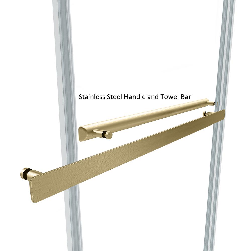 Spezia 56" W x 76" H Double Sliding Frameless Shower Door in Brushed Gold. Picture 7