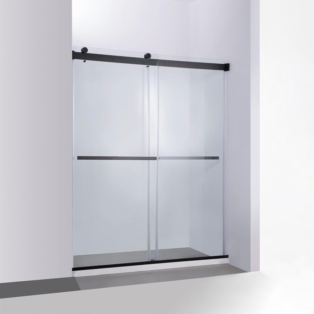 Spezia 64" W x 76" H Double Sliding Frameless Shower Door in Matte Black. Picture 2