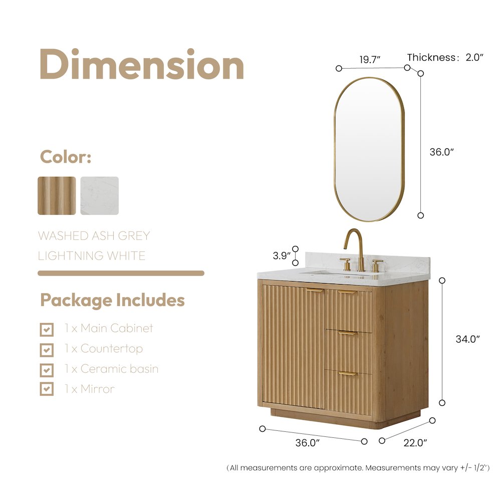 Cádiz 36in. Free-standing Single Bathroom Vanity in Washed Ash Grey. Picture 18