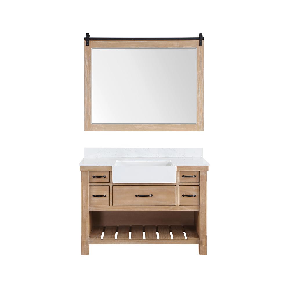 Single Bath Vanity with Composite Stone Top, White Farmhouse Basin and Mirror. Picture 2