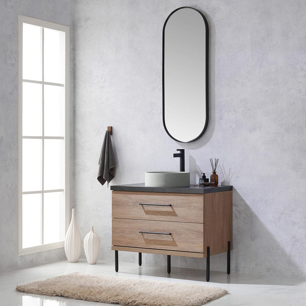 Single Sink Bath Vanity with Sintered Stone Top with Concrete Sink and Mirror. Picture 5