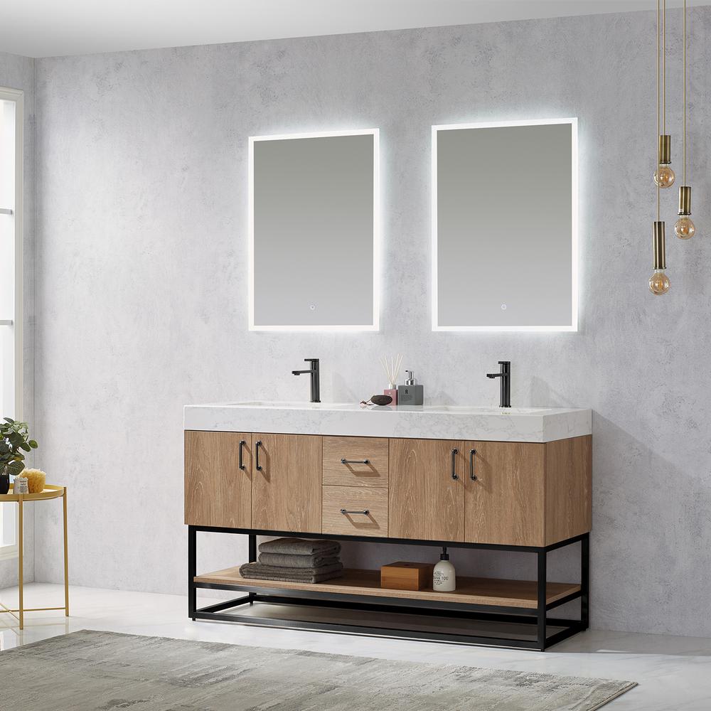 60B" Double Vanity with White Grain Stone Countertop With Mirror. Picture 9