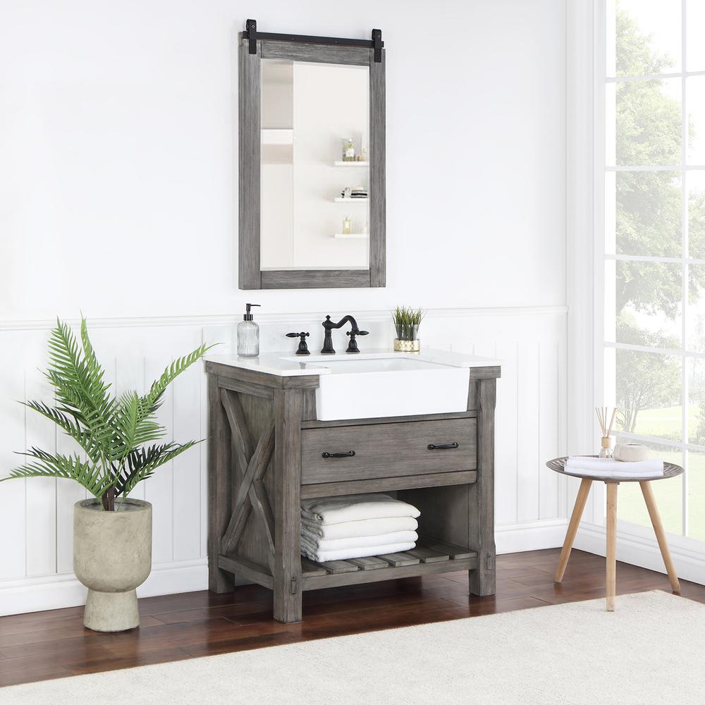 Single Bath Vanity with Composite Stone Top, White Farmhouse Basin and Mirror. Picture 5