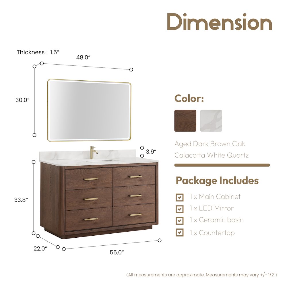 Porto 55" Free-standing Single Bath Vanity in Aged Dark Brown Oak. Picture 14