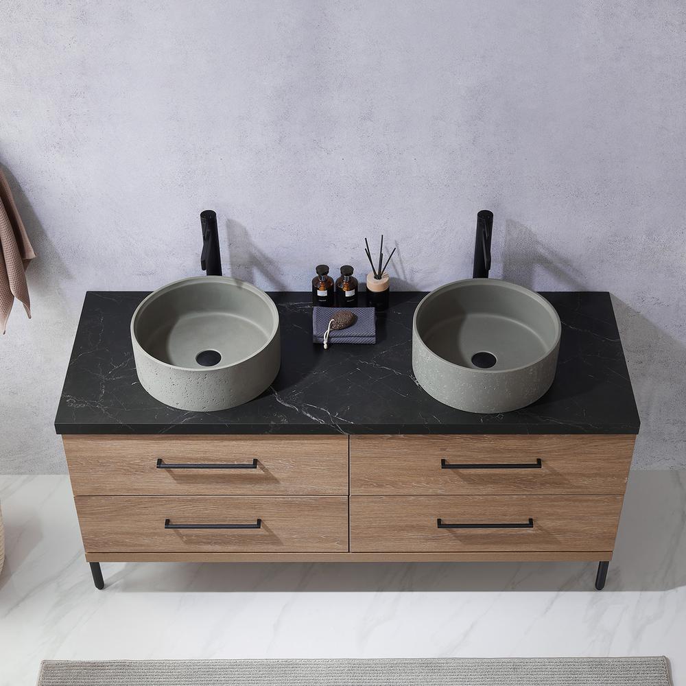Double Sink Bath Vanity with Black Sintered Stone Top with Concrete Sink. Picture 8