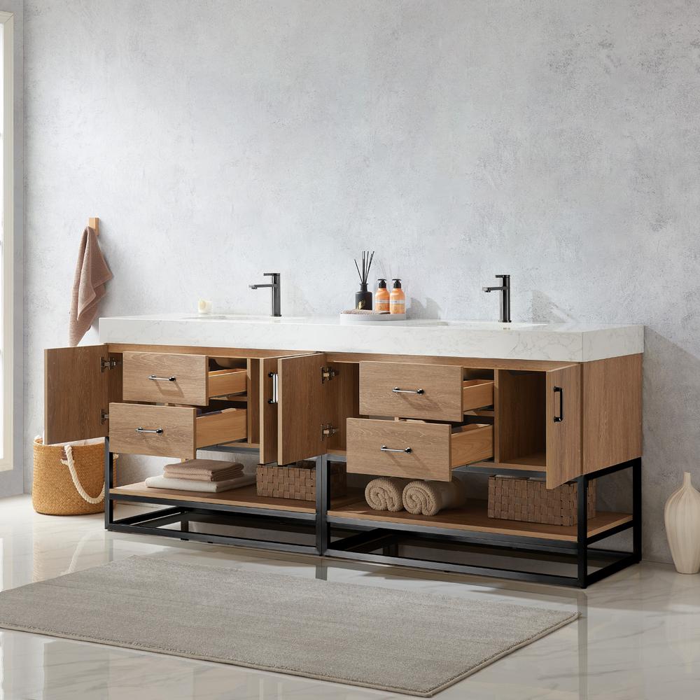 84B" Double Sink Bath Vanity with White Grain Stone Countertop. Picture 6
