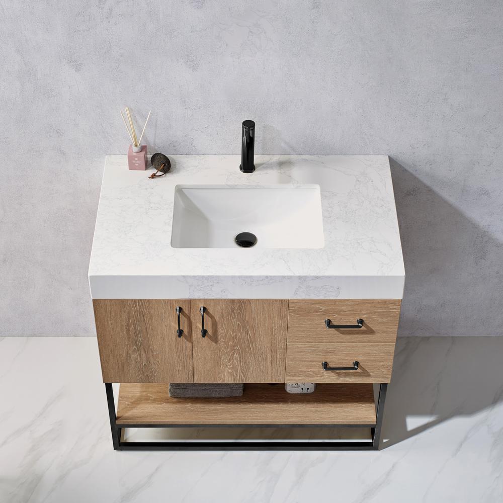 36B" Single Vanity with White Grain Stone Countertop Without Mirror. Picture 6