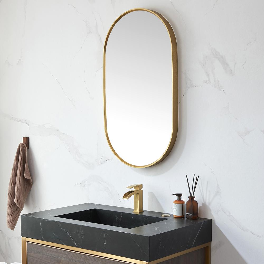 Miajadas 20 in. W x 36 in. H Oval Metal Wall Mirror in Brushed Gold. Picture 4