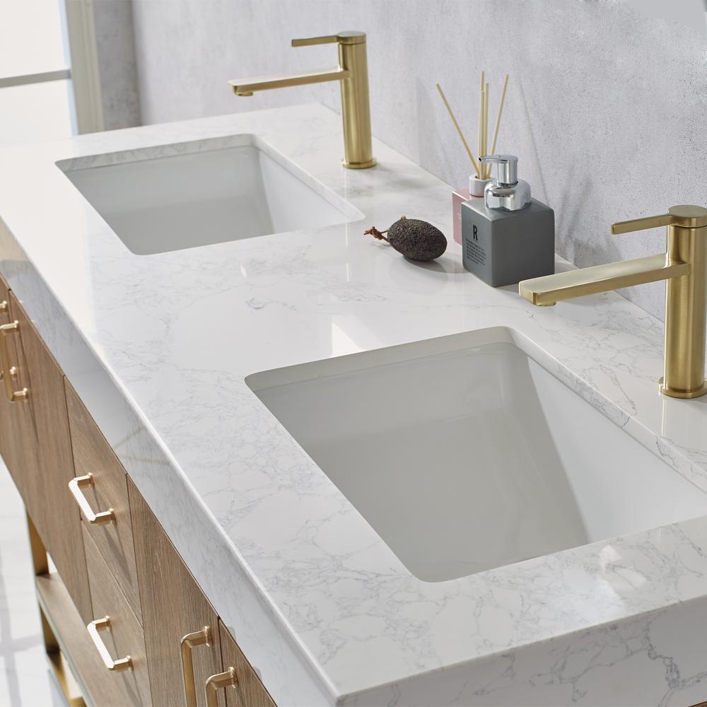 60" Double Vanity with White Grain Stone Countertop Without Mirror. Picture 3