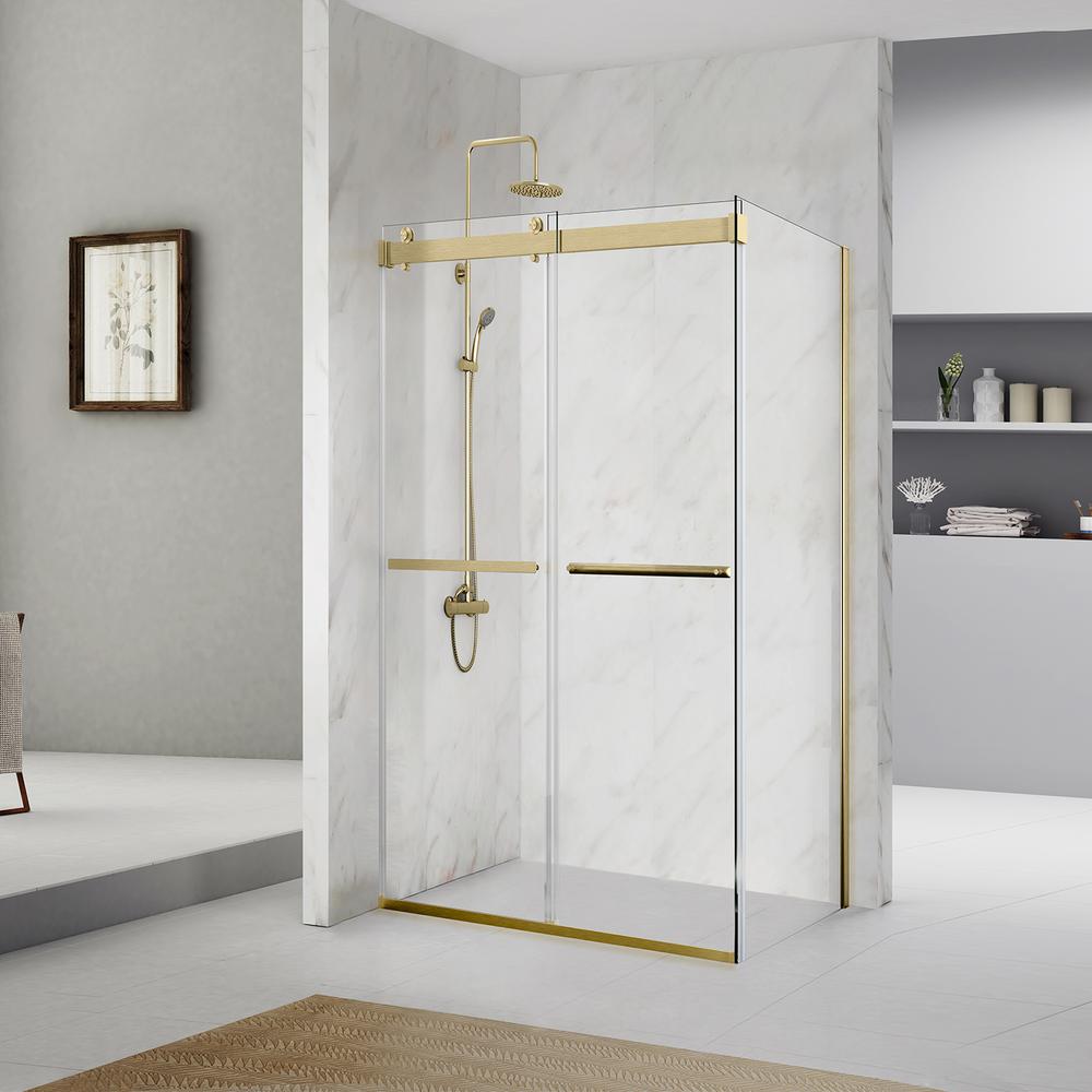 Rectangle Double Sliding Frameless Shower Enclosure in Brushed Gold. Picture 12