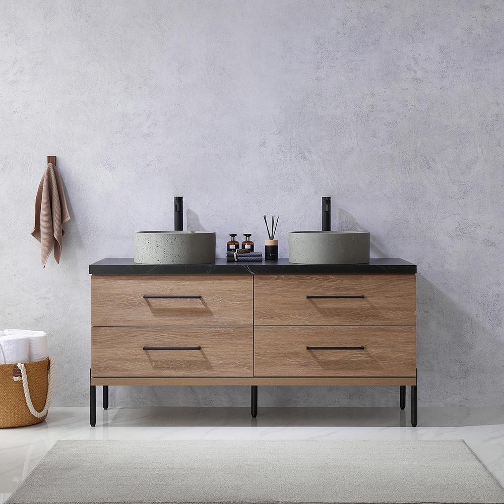Double Sink Bath Vanity with Black Sintered Stone Top with Concrete Sink. Picture 5