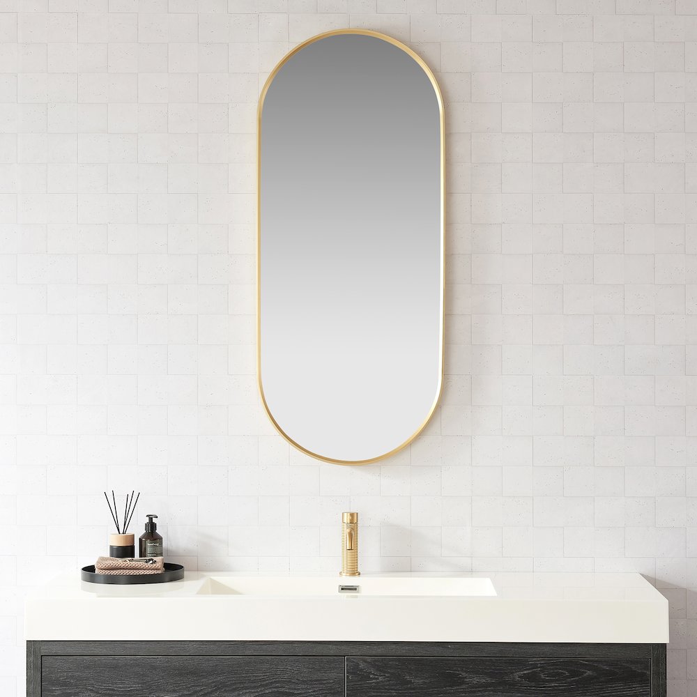 Oval Aluminum Framed Wall Mount Bathroom Vanity Mirror in Brushed Gold. Picture 2