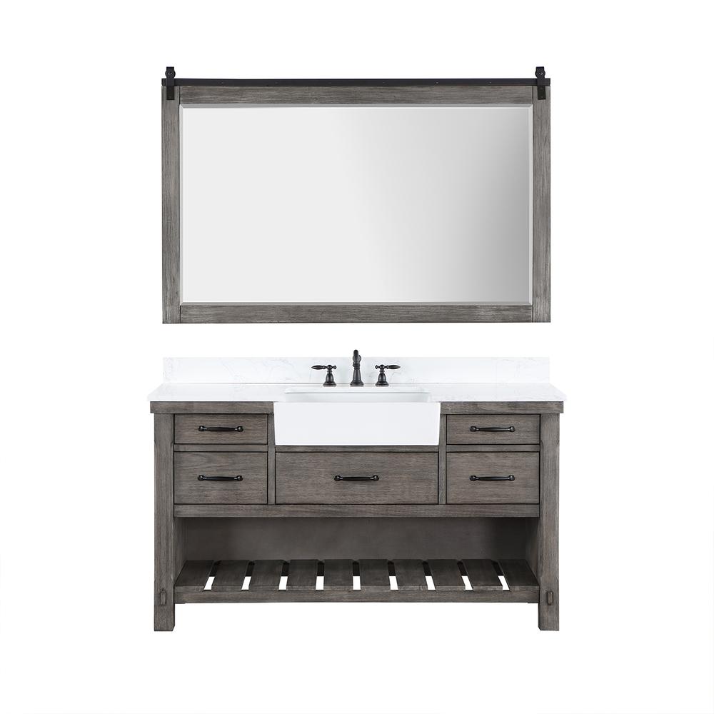 Single Bath Vanity with Composite Stone Top, White Farmhouse Basin and Mirror. Picture 1