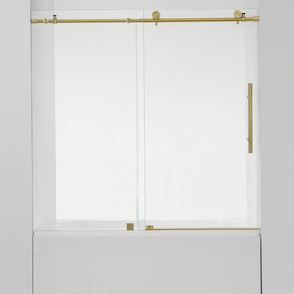 Villena 60" W x 58" H Single Sliding Frameless Tub Door in Brushed Gold. Picture 1
