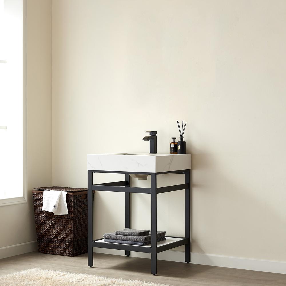 Single Sink Bath Vanity Metal Support with White Sintered Stone Top. Picture 3