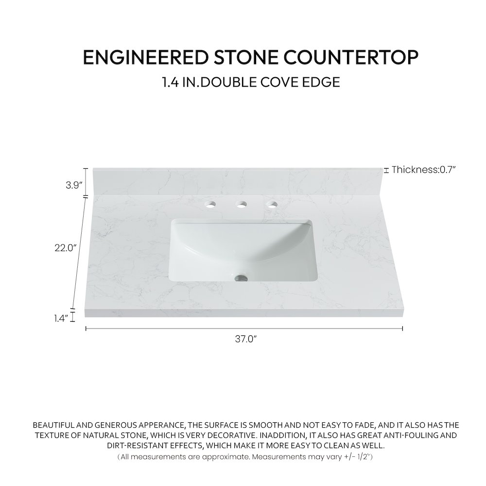 Composite Stone Vanity Top in Grain White with White Rectangular Single Sink. Picture 6