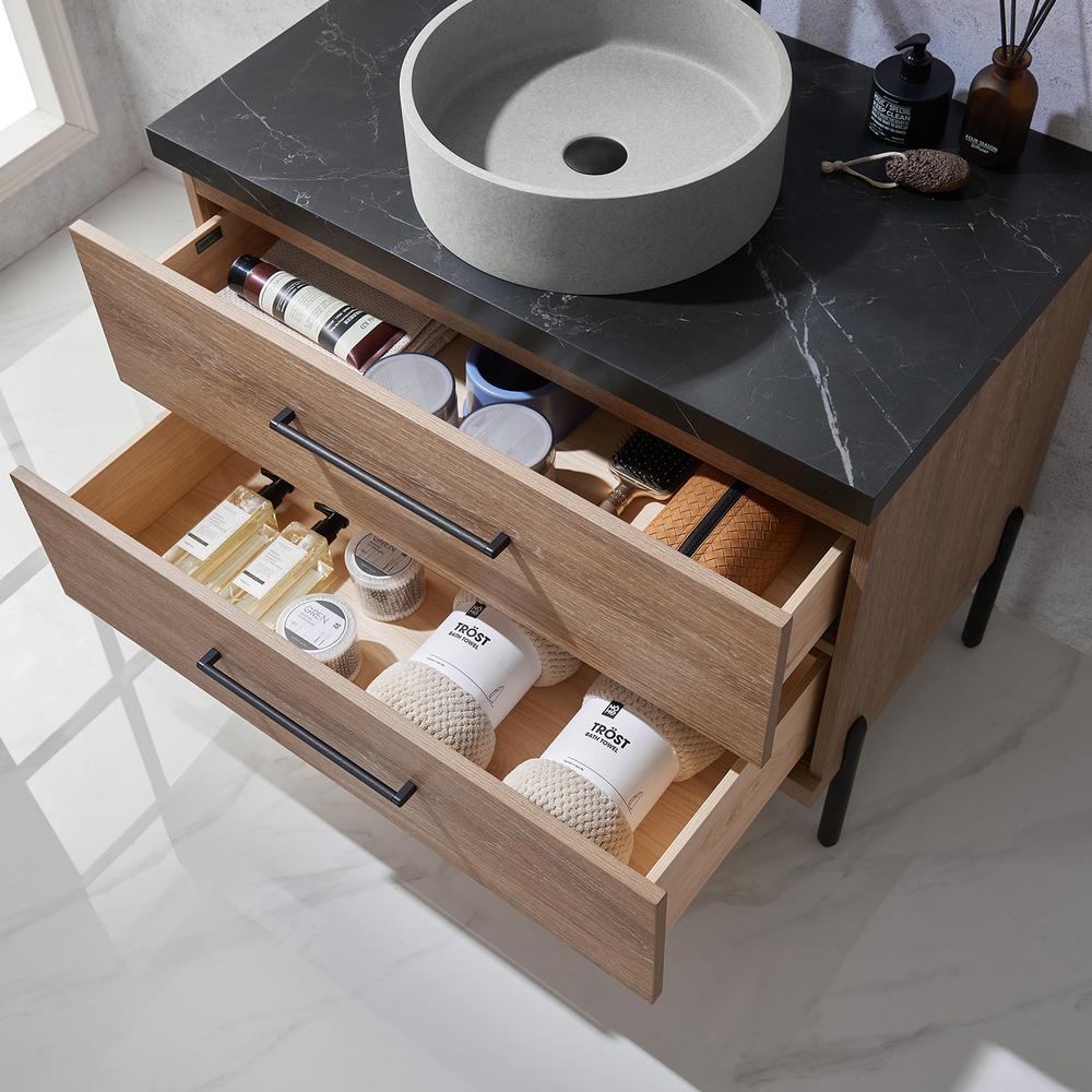 Single Sink Bath Vanity with Black Sintered Stone Top with Concrete Sink. Picture 9