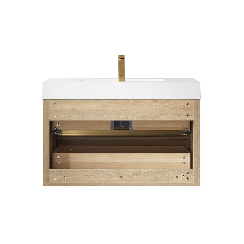 Single Sink Wall-Mount Bath Vanity Composite Integral Square Sink Top, Mirror. Picture 2