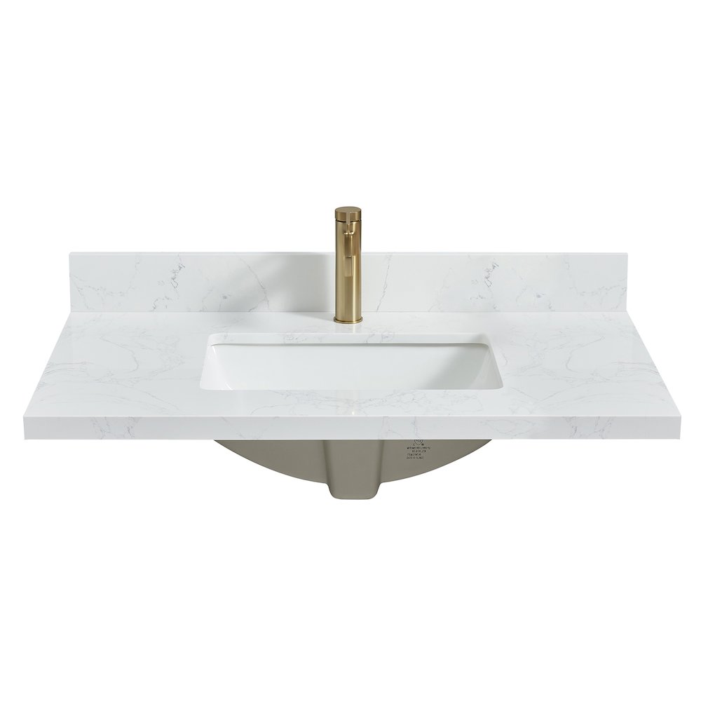 Composite Stone Vanity Top in Grain White with White Rectangular Single Sink. Picture 9