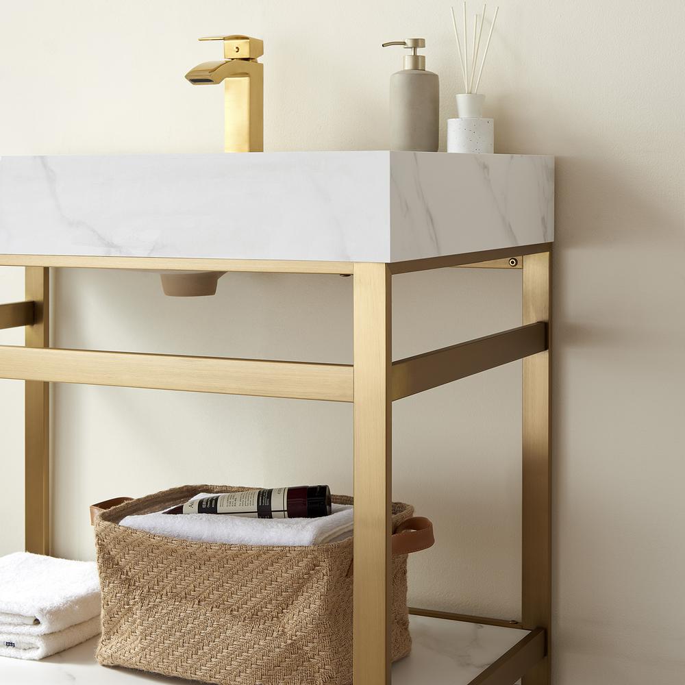 Single Sink Bath Vanity Metal Support with White Sintered Stone Top. Picture 7