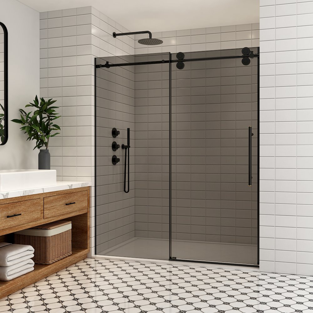 Echarri 68" W x 78" H Single Sliding Frameless Shower Door in Matte Black. Picture 2