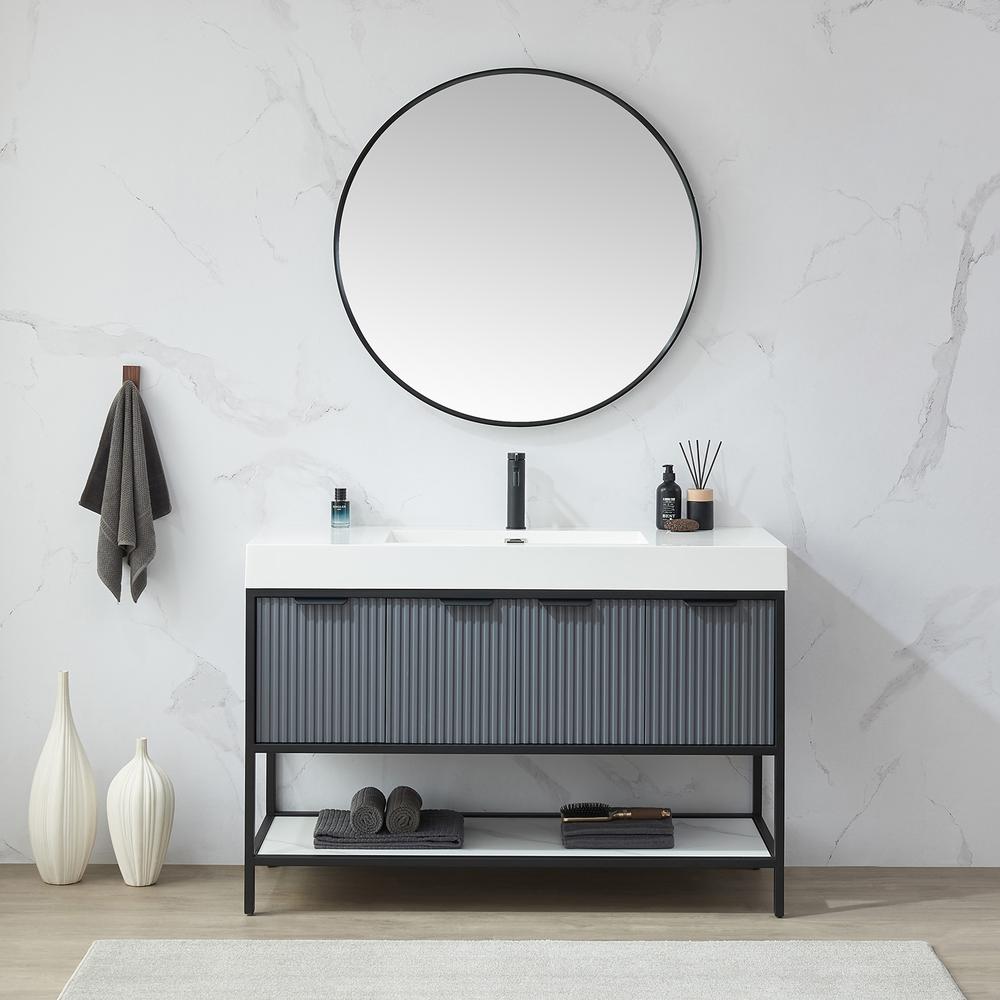 Cascante 35.4 in. W x 35.4 in. H Round Metal Wall Mirror in Brushed Black. Picture 6
