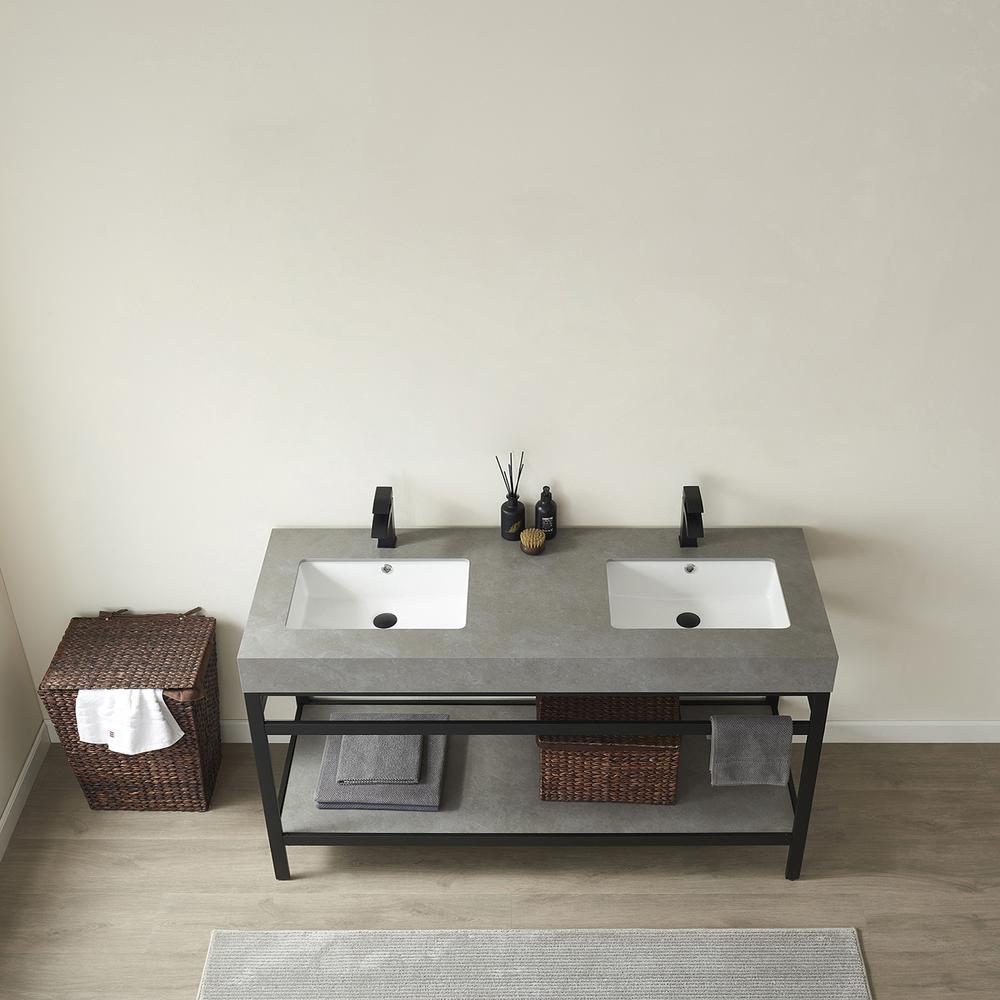 Double Sink Bath Vanity Metal Support with Grey Sintered Stone Top. Picture 5