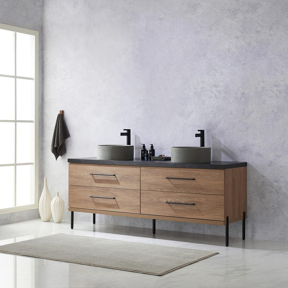 Double Sink Bath Vanity with Black Sintered Stone Top with Concrete Sink. Picture 13