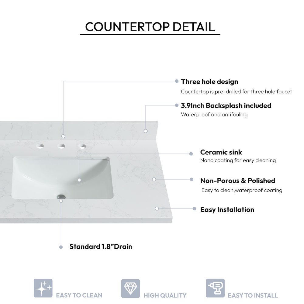 Composite Stone Vanity Top in Grain White with White Rectangular Single Sink. Picture 5