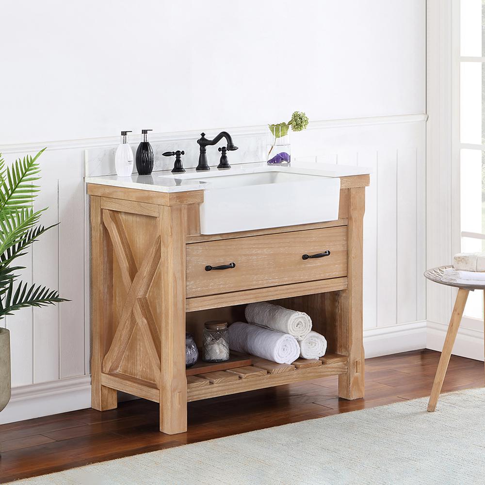 Single Bath Vanity with Composite Stone Top, White Farmhouse Basin. Picture 5