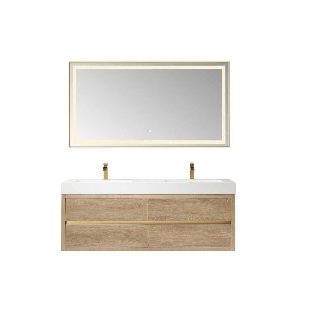 Double Sink Wall-Mount Bath Vanity Composite Integral Sink Top and Mirror. Picture 1